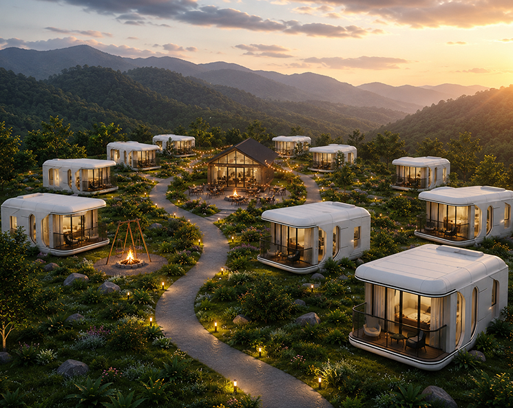 Tarzan Village with reception pod and guest pods across two acres
